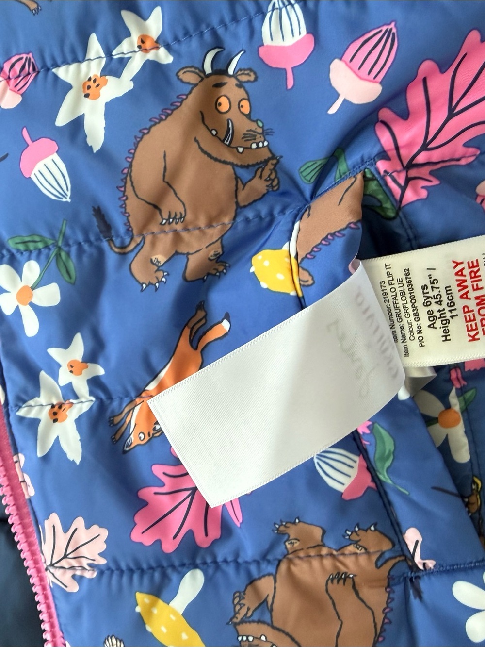 Joules Blue Puffer Vest with Pink Trim and Woodland Animal Print - Picture 6 of 6